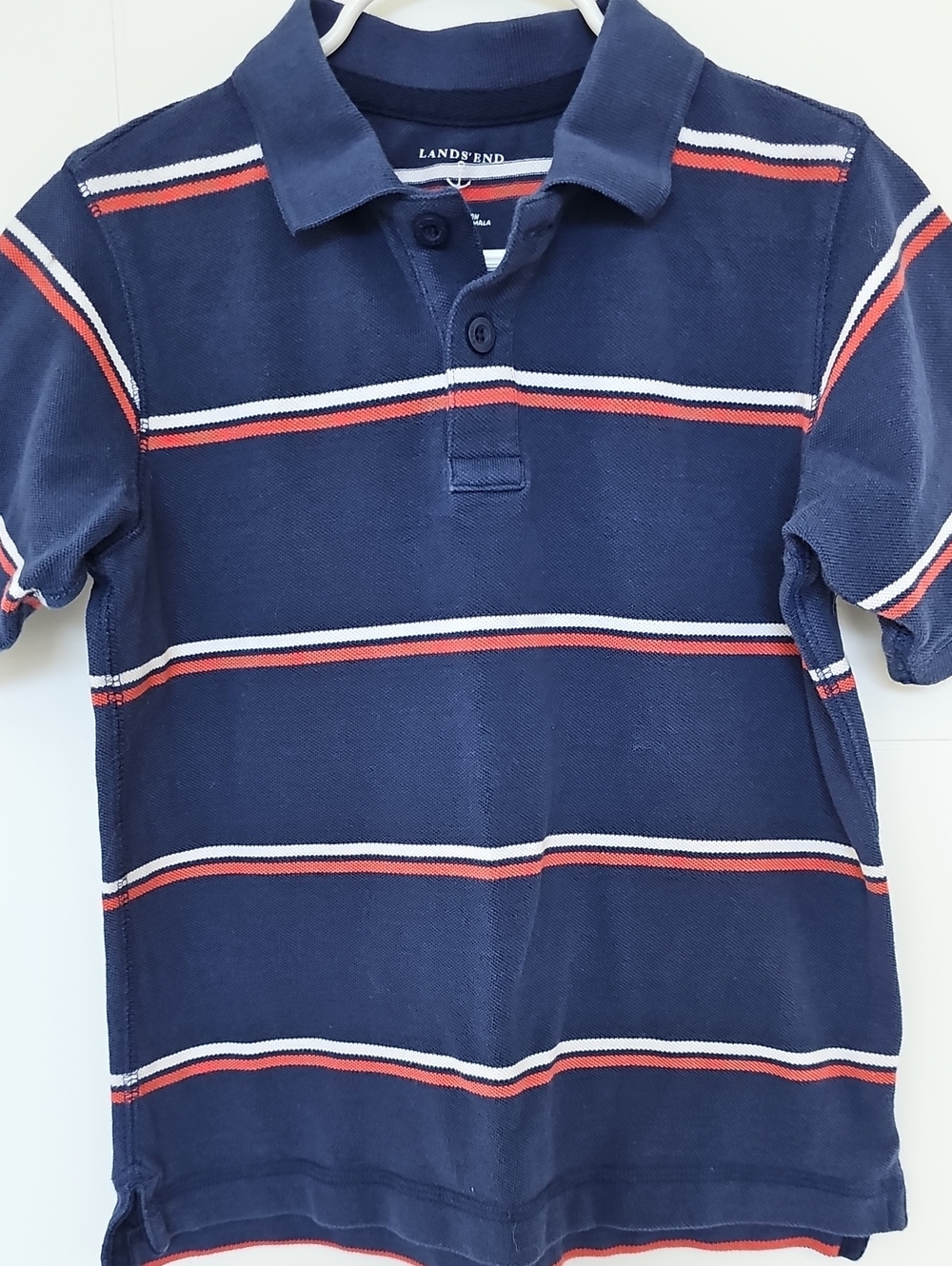 Lands' End Boys Blue White Stripe Polo Shirt Boys Sz M 5-6